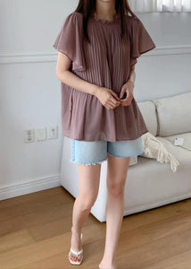 Pleated Chiffon Top With Trumpet Sleeves