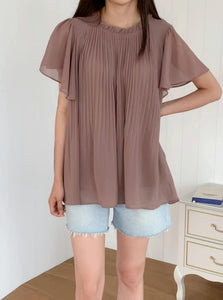 Pleated Chiffon Top With Trumpet Sleeves